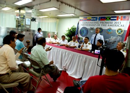 US Navy 110430-N-RM525-289 Commodore Brian Nickerson, mission commander for Continuing Promise 2011, talks with local media during a press conferen