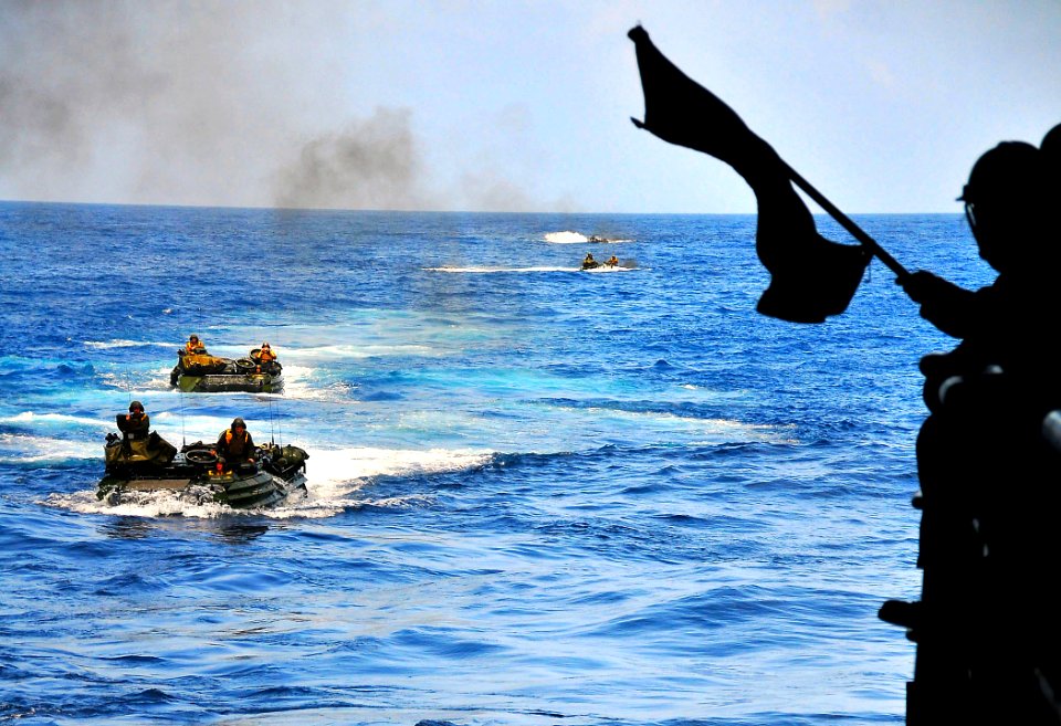 US Navy 110502-N-ZS026-073 Amphibious assault vehicles approach the well deck of USS Boxer (LHD 4)