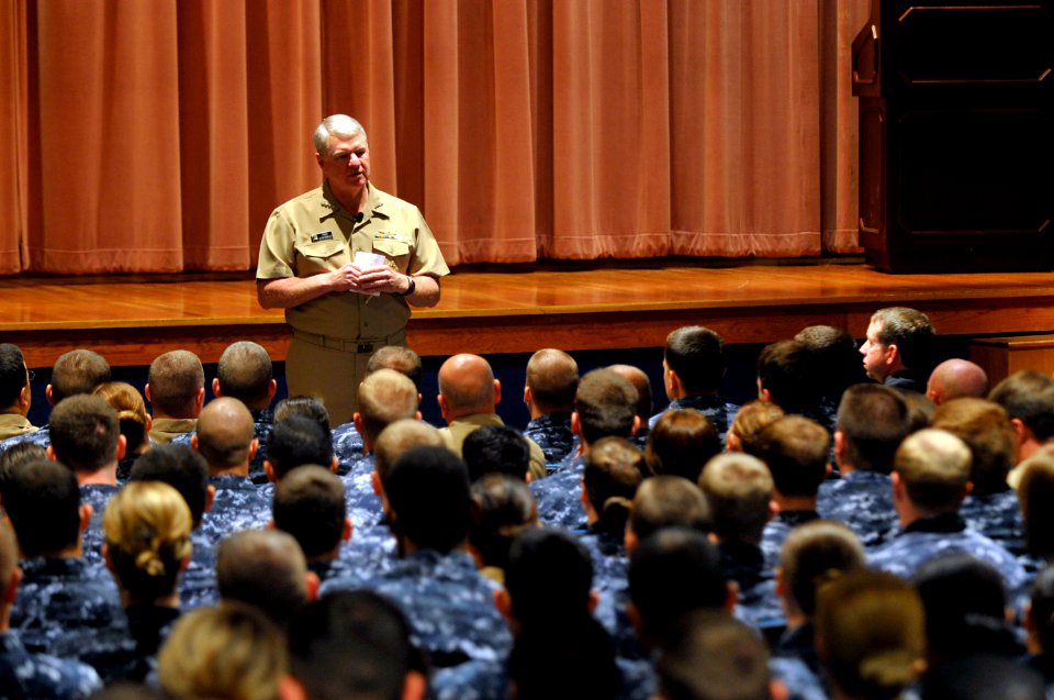 US Navy 110505-N-ZB612-017 Chief of Naval Operations (CNO) Adm. Gary Roughead speaks with Sailors during an all-hands call at Forbes Hall, Joint Ba