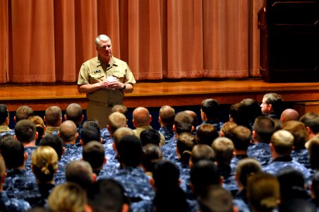 US Navy 110505-N-ZB612-017 Chief of Naval Operations (CNO) Adm. Gary Roughead speaks with Sailors during an all-hands call at Forbes Hall, Joint Ba