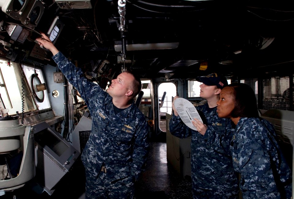 US Navy 110503-N-QP268-053 Sailors monitor the wind in preparation for flight deck operations aboard the amphibious dock landing ship USS Whidbey I