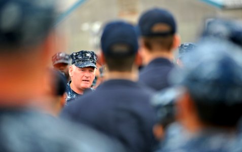 US Navy 110510-N-CP762-110 Capt. Rudy Lupton delivers his final all-hands call aboard USS Blue Ridge (LCC 19)
