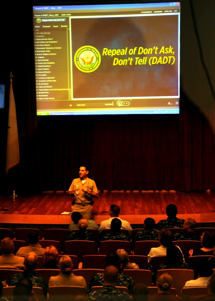 US Navy 110505-N-UB993-004 Capt. Joel A. Roos conducts Don't Ask Don't Tell (DADT) Repeal training for enlisted, officer and civilian staff of Nava