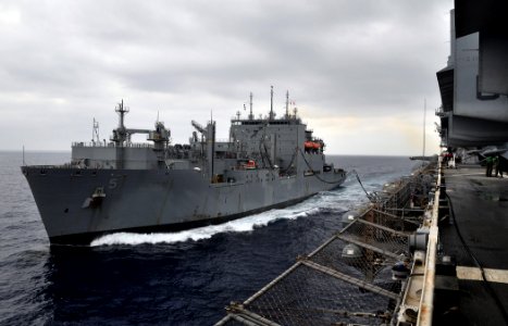 US Navy 110505-N-7508R-001 The multipurpose amphibious assault ship USS Bataan (LHD 5), right, conducts an underway replenishment with the Military