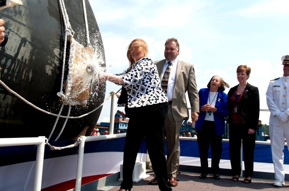 US Navy 110507-N-KK330-558 Maureen Murphy, mother of Lt. Michael Murphy (SEAL) and ship's sponsor, breaks a bottle of champagne across the bow of t