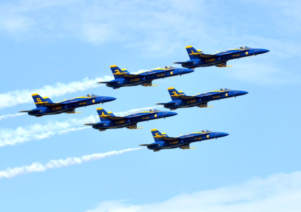 US Navy 110505-N-SD120-002 The U.S. Navy flight demonstration squadron, the Blue Angels, fly in formation above Naval Air Station Joint Reserve Bas