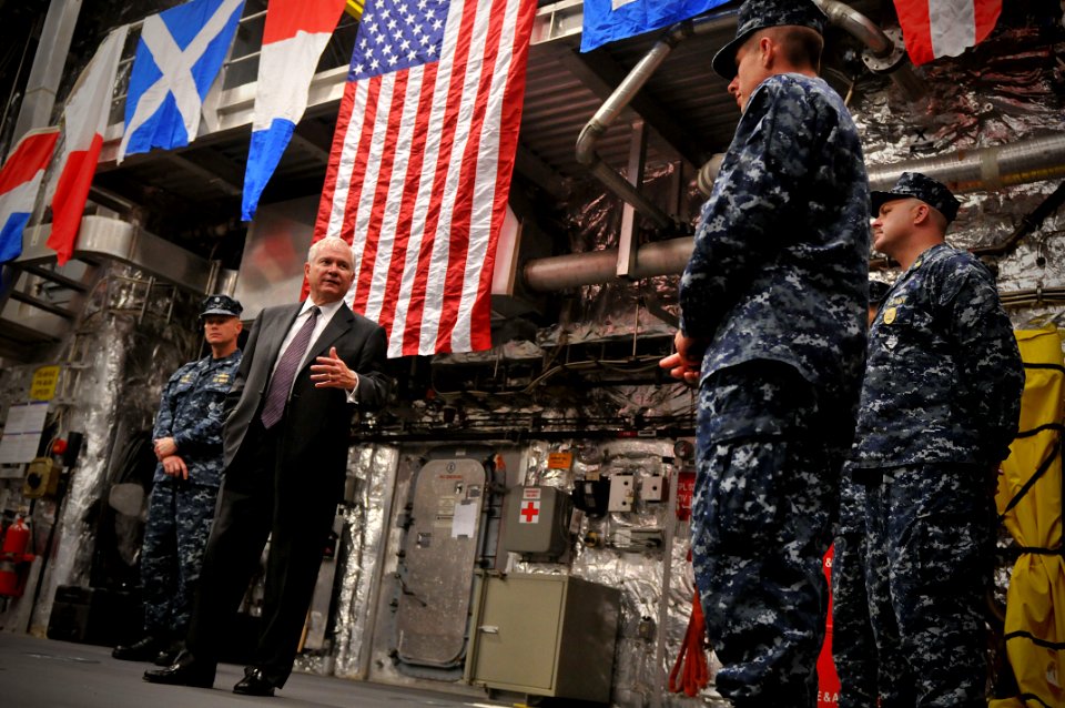 US Navy 110506-N-YR391-006 Secretary of Defense Robert M. Gates delivers remarks during an all-hands call aboard USS Independence (LCS 2)