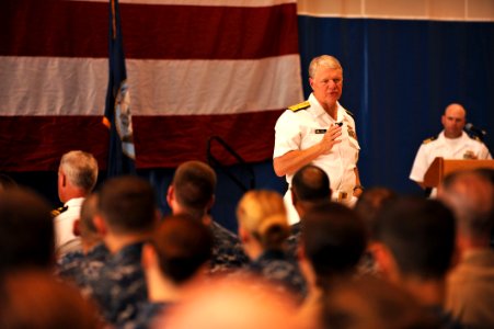 US Navy 110511-N-YR391-003 Chief of Naval Operations (CNO) Adm. Gary Roughead speaks with Sailors during an all-hands call at Naval Station Mayport photo