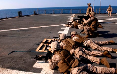 US Navy 110510-N-QP268-191 Marines fire at targets during a platoon live-fire weapons training aboard USS Whidbey Island (LSD 41) photo