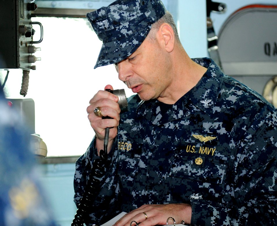 US Navy 110511-N-DB801-167 Capt. Daniel Grieco addresses the crew of the U.S. 7th Fleet command ship USS Blue Ridge (LCC 19) after assuming command