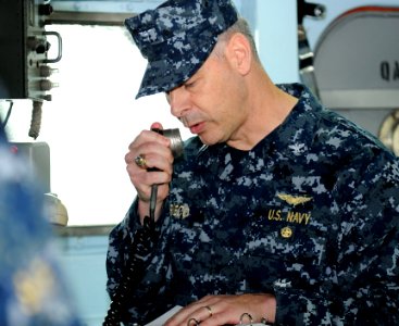 US Navy 110511-N-DB801-167 Capt. Daniel Grieco addresses the crew of the U.S. 7th Fleet command ship USS Blue Ridge (LCC 19) after assuming command