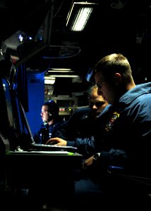 US Navy 110513-N-YM590-008 Fire Controlman 2nd Class Timothy R. Reinhardt, assigned to the weapons department of the guided-missile cruiser USS Anz