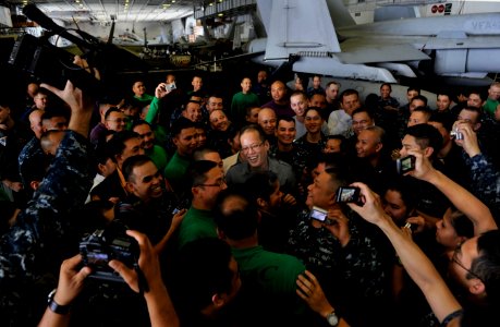US Navy 110514-N-DR144-590 Republic of the Philippines President Benigno Aquino III meets with Filipino Sailors in the hangar bay aboard the Nimitz