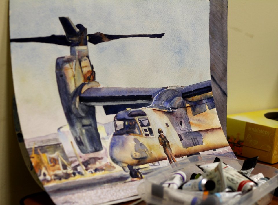 US Navy 110511-N-ZZ000-002 A watercolor painting of a MV-22 Osprey painted by Cmdr. Monica Allen, a Navy combat artist specializing in watercolor