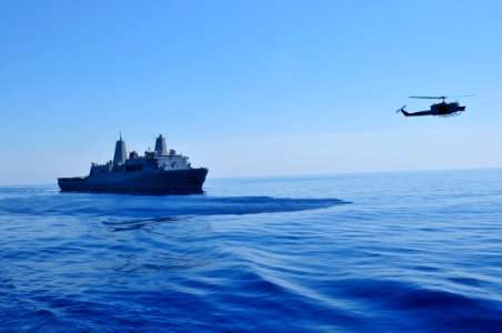 US Navy 110514-N-XO436-103 A UH-1N Huey helicopter assigned to the San Antonio-class amphibious transport dock ship USS Mesa Verde (LPD 19) provide