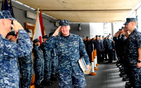 US Navy 110511-N-DB801-165 Capt. Rudy Lupton receives sideboys as he departs the U.S. 7th Fleet command ship USS Blue Ridge (LCC 19) after a change
