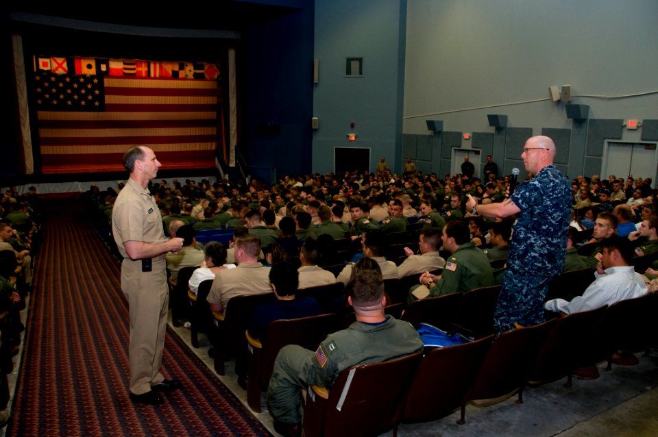 US Navy 110511-N-LY958-114 Vice Chief of Naval Operations (VCNO) Adm. Jonothan W. Greenert answers questions during an all-hands call in the Wings