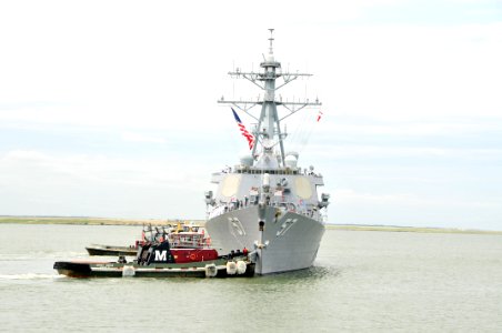 US Navy 110511-N-QY430-114 The guided-missile destroyer USS Mitscher (DDG 57) departs Naval Station Norfolk. Mitscher is deploying as part of the G