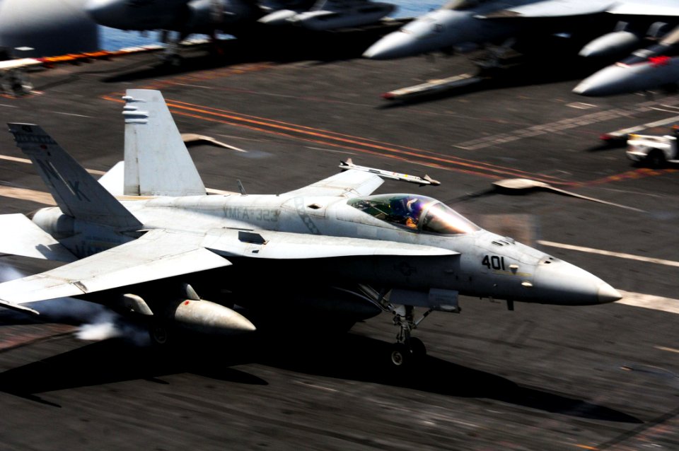 US Navy 110516-N-UO379-015 An F-A-18C Hornet assigned to the Death Rattlers of Marine Fighter Attack Squadron (VMFA) 323 catches an arresting wire