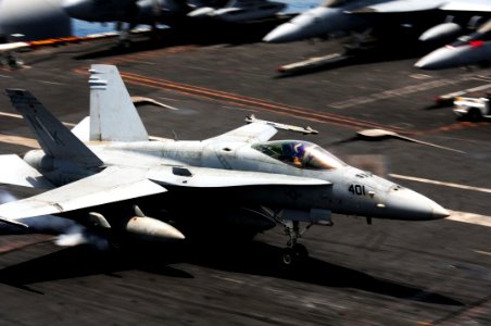 US Navy 110516-N-UO379-015 An F-A-18C Hornet assigned to the Death Rattlers of Marine Fighter Attack Squadron (VMFA) 323 catches an arresting wire