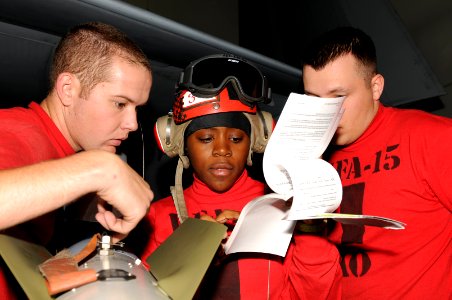 US Navy 110515-N-YC050-061 Aviation Ordnanceman 3rd Class Nakita Boyd, center, from Strike Fighter Squadron (VFA) 15,