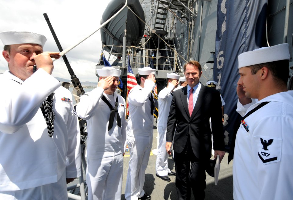 US Navy 110518-N-AQ172-163 U.S. Ambassador to Greece Daniel Bennett Smith departs USS Monterey (CG 61) after a tour aboard the ship