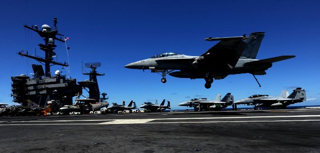 US Navy 110516-N-OY799-167 An F-A-18F Super Hornet from the Black Aces of Strike Fighter Squadron (VFA) 41 lands aboard the Nimitz-class aircraft