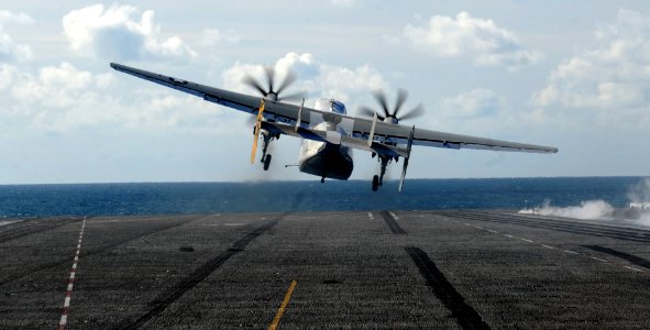 US Navy 110516-N-OY799-526 A C-2A Greyhound from the Providers of Fleet Logistics Support Squadron (VRC) 30 launches from the Nimitz-class aircraft