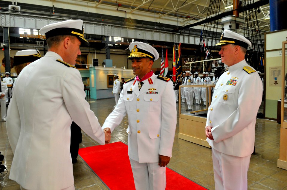 US Navy 110518-N-ZB612-105 Staff Brig. Gen. Ibrahim Salim Al Musharrakh greets the Navy Staff with Chief of Naval Operations (CNO) Adm. Gary Roughe
