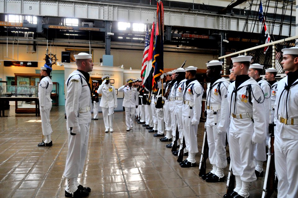 US Navy 110518-N-ZB612-051 Staff Brig. Gen. Ibrahim Salim Al Musharrakh inspects the troops during a welcome ceremony at the Navy Museum during his