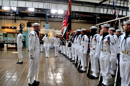US Navy 110518-N-ZB612-051 Staff Brig. Gen. Ibrahim Salim Al Musharrakh inspects the troops during a welcome ceremony at the Navy Museum during his