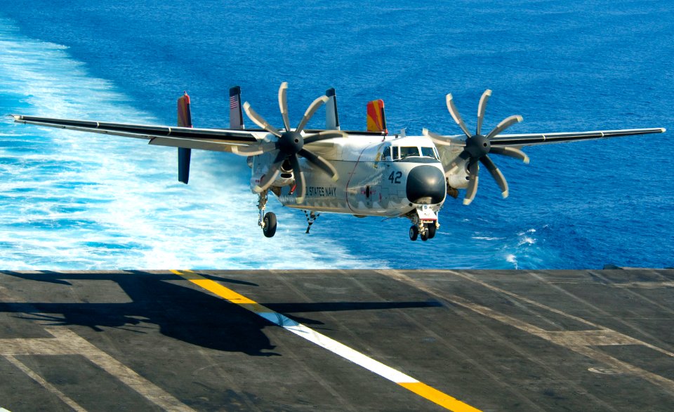 US Navy 110519-N-OK922-195 A C-2A Greyhound assigned to Fleet Logistics Support Squadron (VRC) 40 makes an arrested landing aboard the Nimitz-class