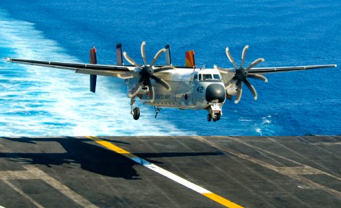 US Navy 110519-N-OK922-195 A C-2A Greyhound assigned to Fleet Logistics Support Squadron (VRC) 40 makes an arrested landing aboard the Nimitz-class
