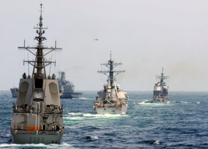 US Navy 110518-N-YM590-132 ESPS Almirante Juan de Borbon (F 102), left, USS Mitscher (DDG 57) and USS Gettysburg (CG 64) participate in a tactical