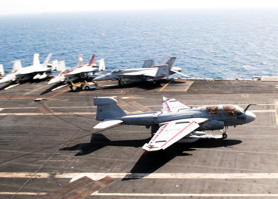 US Navy 110520-N-SG869-451 An EA-6B Prowler assigned to the Cougars of Tactical Electronic Warfare Squadron (VAQ) 139 makes an arrested landing on