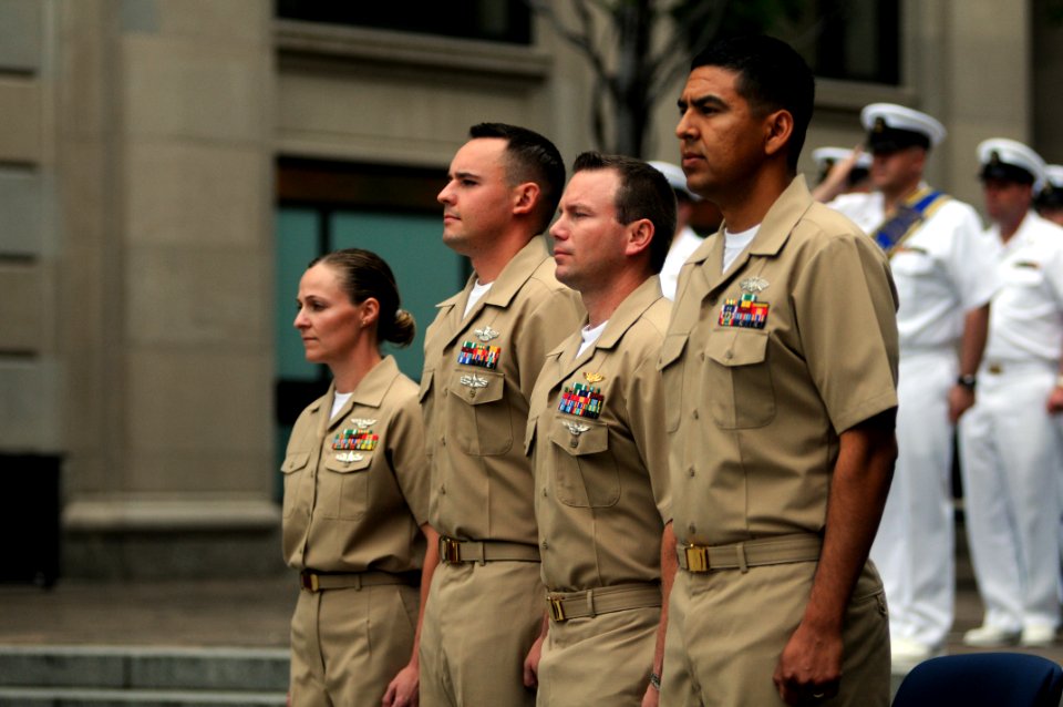 US Navy 110519-N-AD372-892 The Sailors of the year stand at attention before their meritorious advancement to chief petty officer