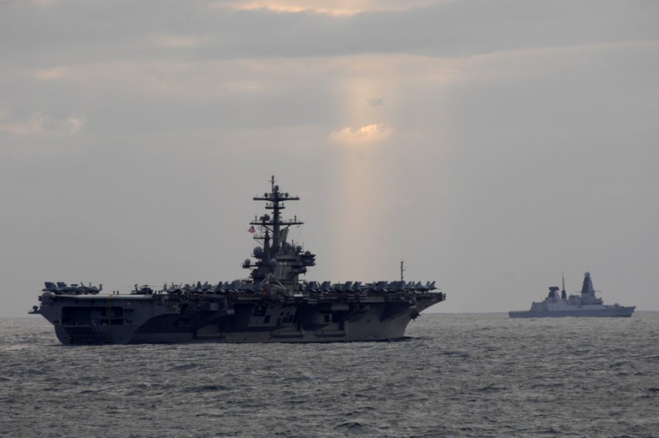 US Navy 110520-N-XQ375-050 USS George H.W. Bush (CVN 77) and HMS Dauntless (D 33) transit the Atlantic Ocean