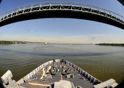 US Navy 110525-N-2147L-002 USS New York (LPD 21) prepares to pass under the Verrazano Narrows Bridge as it enters the New York Harbor