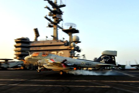 US Navy 110520-N-1004S-798 An EA-6B Prowler assigned to the Cougars of Tactical Electronic Warfare Squadron (VAQ) 139 lands aboard the aircraft car