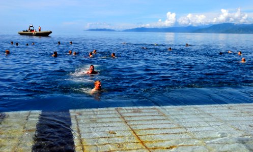 US Navy 110525-N-KB563-089 Military personnel and civilians embarked aboard the amphibious transport dock ship USS Cleveland (LPD 7) swim during a