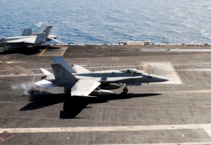 US Navy 110520-N-SG869-412 An F-A-18C Hornet assigned to the Death Rattlers of Marine Fighter Attack Squadron (VMFA) 323 makes an arrested landing