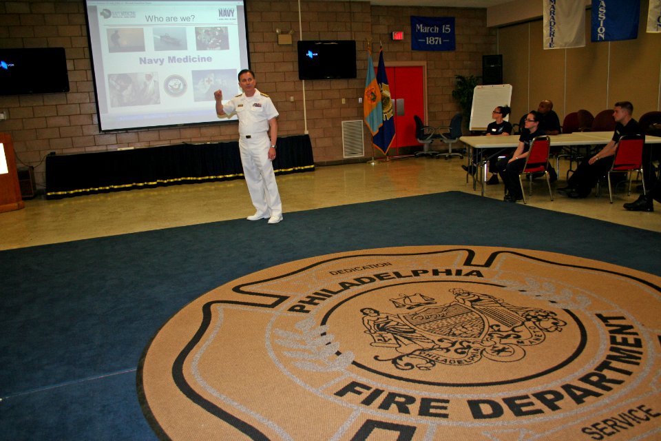 US Navy 110524-N-ZL585-160 Rear Adm. Thomas E. Beeman speaks on the topic of Navy medicine to cadets and staff of the Philadelphia Fire Department