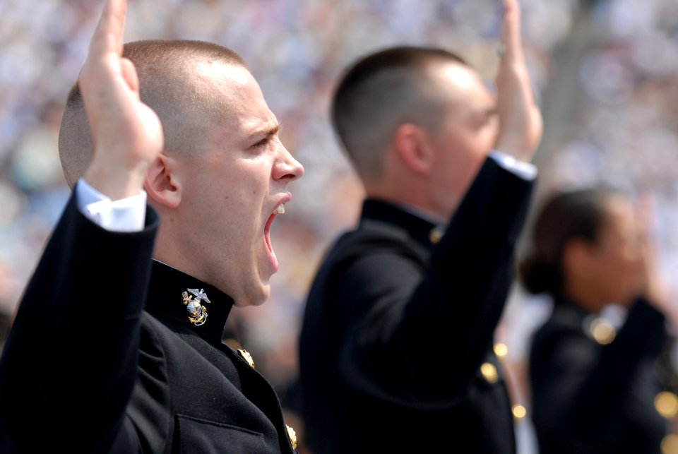 US Navy 110527-N-OA833-009 Marine Corps 2nd lieutenants take the oath of office during the U.S. Naval Academy Class of 2011 graduation and commissi