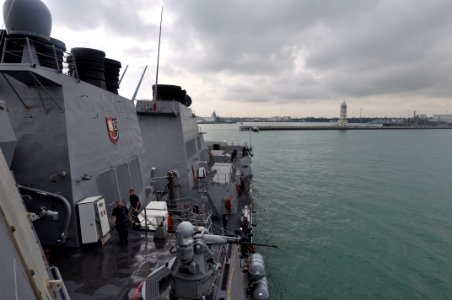 US Navy 110521-N-SF508-057 The Arleigh Burke-class guided-missile destroyer USS McCampbell (DDG 85) departs Changi Naval Base following a five-day
