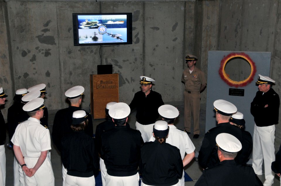 US Navy 110526-N-IK959-600 ear Adm. David F. Steindl, commander of Naval Service Training Command (NSTC), talks to newly-commissioned ensigns from