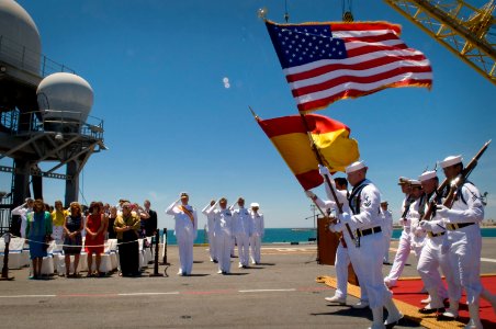 US Navy 110524-N-ZB612-309 The color guard marches on while Chief of Naval Operations (CNO) Adm. Gary Roughead and Spanish navy officials look on