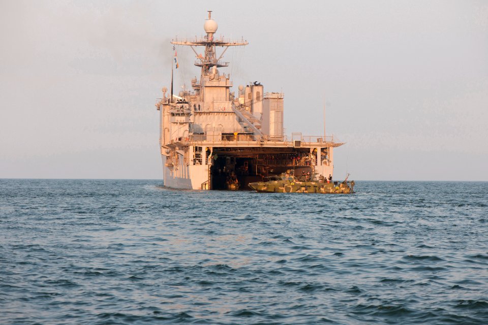 US Navy 110531-N-MR305-330 A Riverine command boat departs the well deck of USS Oak Hill (LSD 51) after the completion of a Riverine well deck cert