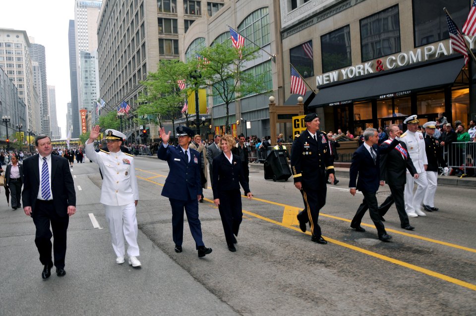 US Navy 110528-N-IK959-221 Chicago Mayor Rahm Emanuel waves to the crowd as he marches with Commander and Chief of the United States Joint Forces C