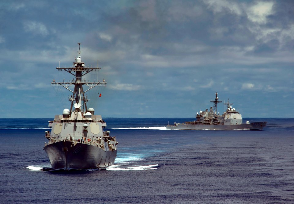 US Navy 110529-N-DR144-771 USS Gridley and USS Bunker Hill approach USS Carl Vinson during a refueling at sea