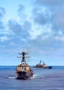US Navy 110529-N-DR144-753 USS Gridley and USS Bunker Hill approach USS Carl Vinson during a refueling at sea